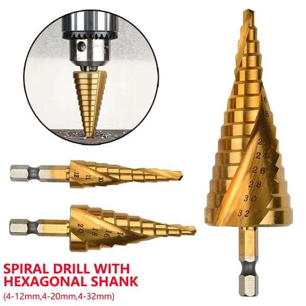 

hss spiral grooved center drill bit 3pcs 4-12/20/32mm solid carbide 1/4 hex tapered dril titanium coated step cone drill bit