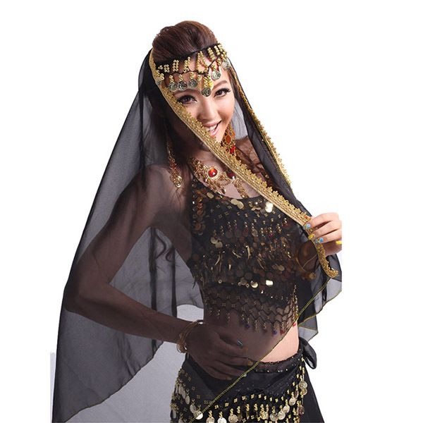 

women belly dance chiffon big veil shawl skirt scarf gypsy tribal gold trim headscarf stage & dance wear yo, Black;red
