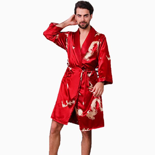 

men's silk bathrobe plus size 5xl long-sleeved bath robe men satin sleepwear nightgown print dragons dressing gown home clothes, Black;brown