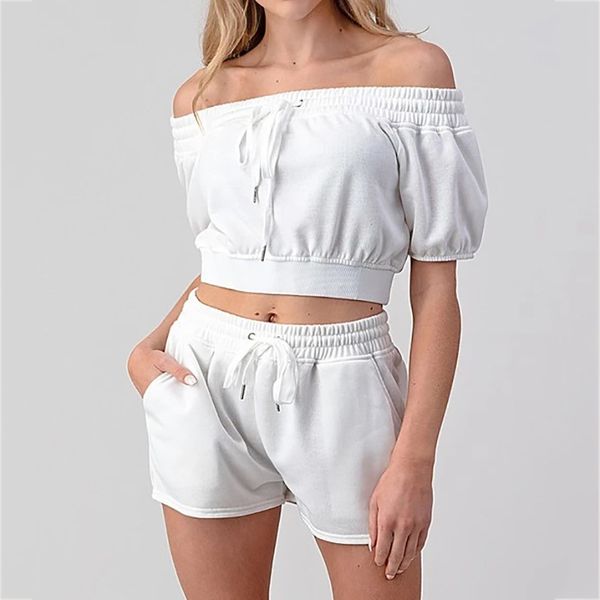

summer two piece set fitness matching set sportwear off shoulder drawstring crop lace up short sets for women 2 piece outfit, White