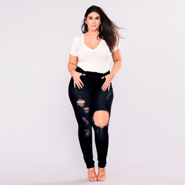 

women ripped jeans hight waisted long pants pocket denim hollow out jeans stretch length trousers pencil pants plus size women, Blue