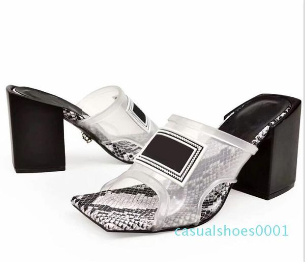 

designer slippers pvc upper leather crystal sandals slides summer indoor contrast color serpentine transparent slipper shoe af21, Black