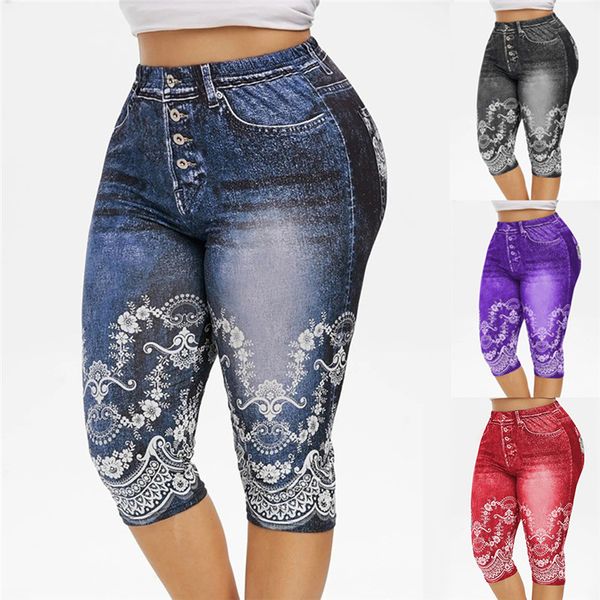 

faux jeans leggings woman stretch printed short leggins 4\3 capri pants summer breeches high waist perfect fit jeans jeggings, Black