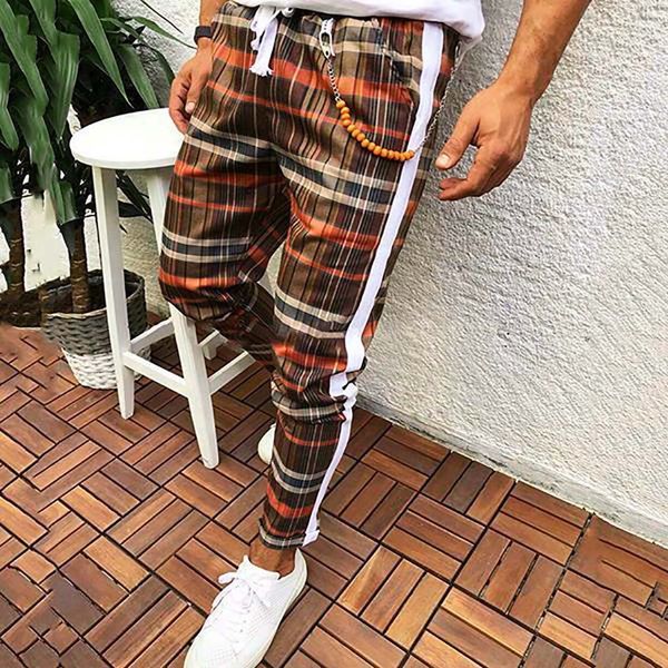 

summer men trousers casual men lattice pencil casual plaid drawstring elastic waist long pants men trousers casual, Black