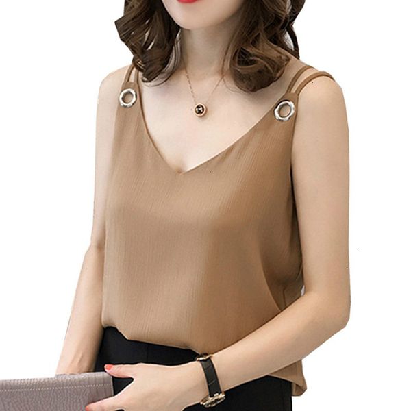 

women womens blouses chiffon summer women blouse shirt new fashion sleeveless strap solid v neck plus size clothing, White