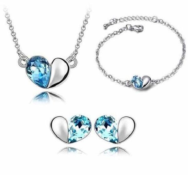 

wholesale price 18k white gold plated cute love heart crystal necklace earrings bracelet jewelry sets wedding jewelry set 4pcs/set, Black