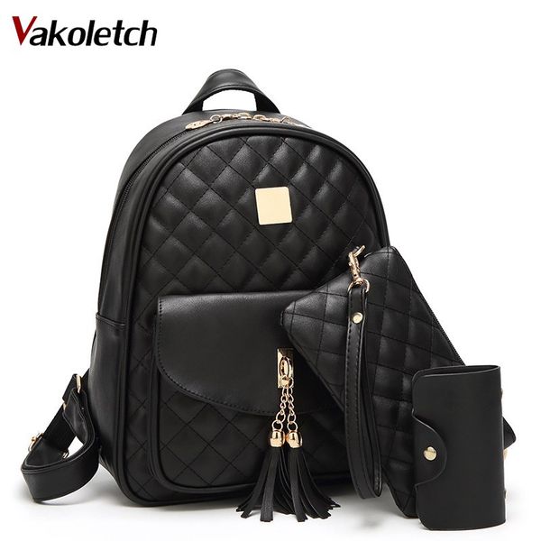 

3 sets school bags for teenage girls new 2019 women backpack leather ladies shoulder bags book bag black backpacks bagpack kl130