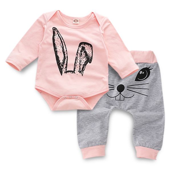 

ins infant baby girls clothes set kids long sleeve cartoon rabbit rompers + pants 2pcs girl set children outfits 14457, White