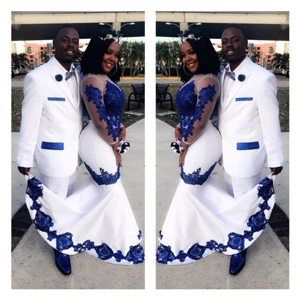 

new white satin royal blue lace aso ebi african prom dresses long illusion sleeves applique evening formal gowns pageant celebrity dress, Black
