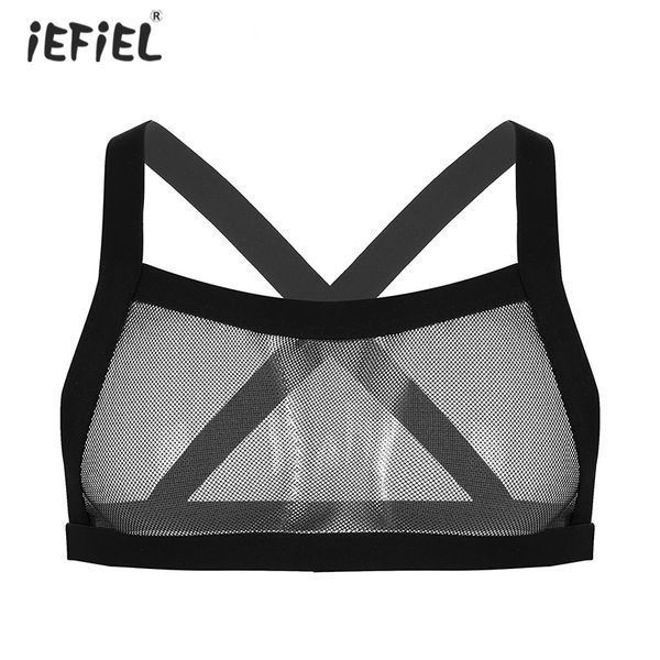 

men lingerie sleeveless see-through mesh fishnet exotic tanks clubwear transparent x-back stretchy muscle slim fit tank crop top, Red;black