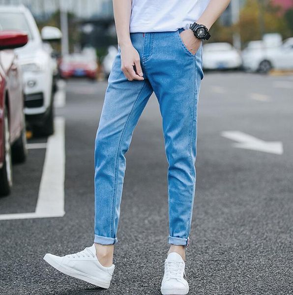 

summer jeans men's slim fit casual slacks men's 2018 new stretch trend pants, Blue