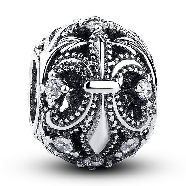

горячие продажи 925 sterling silver fleur-de-lis оригинальный charm с clear cz fit wst ожерелье браслет аутентичные ювелирные изделия diy, Blue;slivery