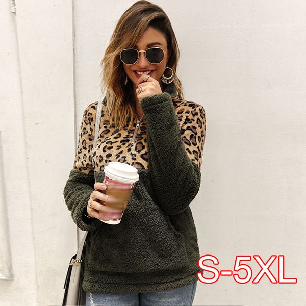 

leopard patchwork plus size fluffy sweatshirt women zip fleece casual oversized hoodie winter pullover hoody ladies, Black