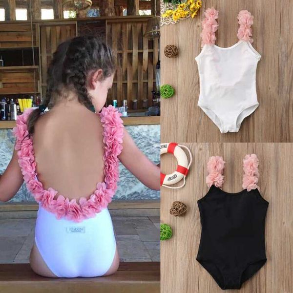 

princess kids baby girls flower shoulder strap backless swimwear swimsuit bikini black white bathing suit beachwear summer