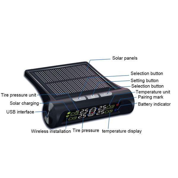 

solar/usb tire air pressure gauge meter set digital lcd display car wheel tyre diagnostic tools m8617