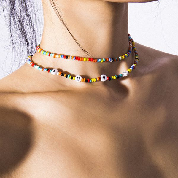 

aomu simple geometric handmade beading double layer necklace letter love necklace for women fashion boho jewelry, Golden;silver