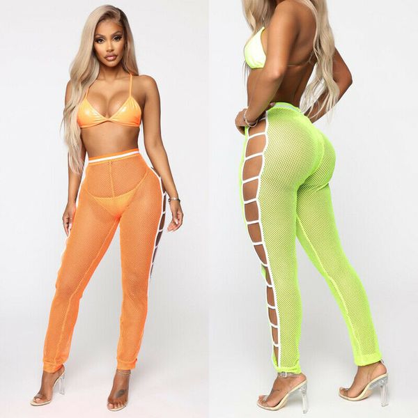 

summer womens beach cover-ups hollow out mesh sheer bikini swimwear female see through ruffle long pants trousers, Blue;gray