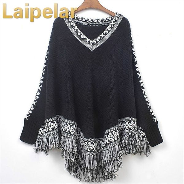 

winter women batwing sleeve sweater tassels hem loose pullover blouse irregularity cloak poncho cape knitting coat shawl, White;black