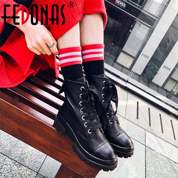 

fedonas autumn winter punk lace up high heels women ankle boots genuine leather motorcycle boots short party shoes woman, Black