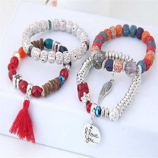 

boho 4pcs/set love multilayer bracelet natural bangle beaded jewelry you stone, Black