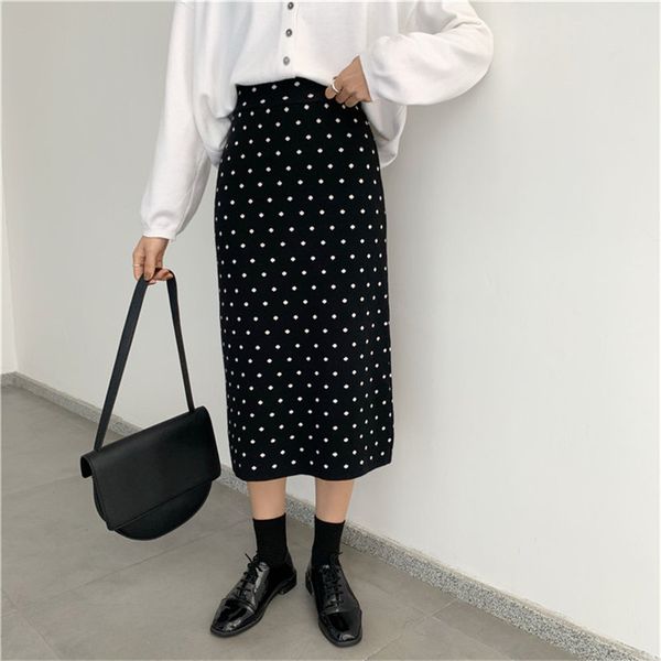 

alien kitty vintage autumn loose polka dots 2019 chic fresh slimming women slender high waist stylish all match knitted skirt, Black