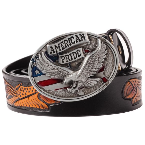 

the amercan prode belt buckle leather embossing big smooth buckle embossed patterns leather belt, Black;brown