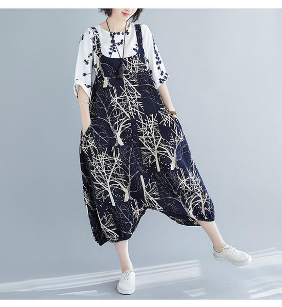 

women's jumpsuits & rompers plus size cotton and linen 2021 summer fresh printed wide leg pants, Black;white