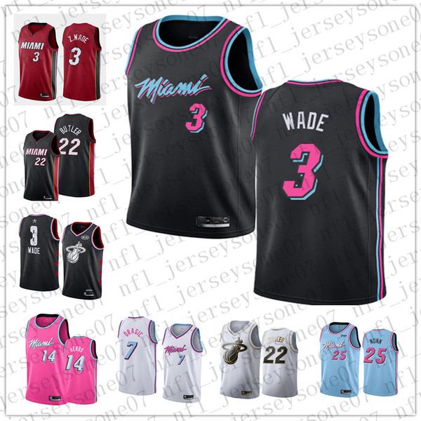 

men's miami heat 3 dwyane wade 14 tyler herro 21 hassan whiteside red throwback basketball edition jersey, Black