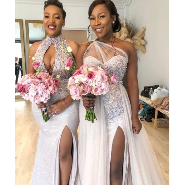 

two styles nigeria african mermaid bridesmaid dresses plus size beads applique maid of the honor side slit wedding guest dress, White;pink