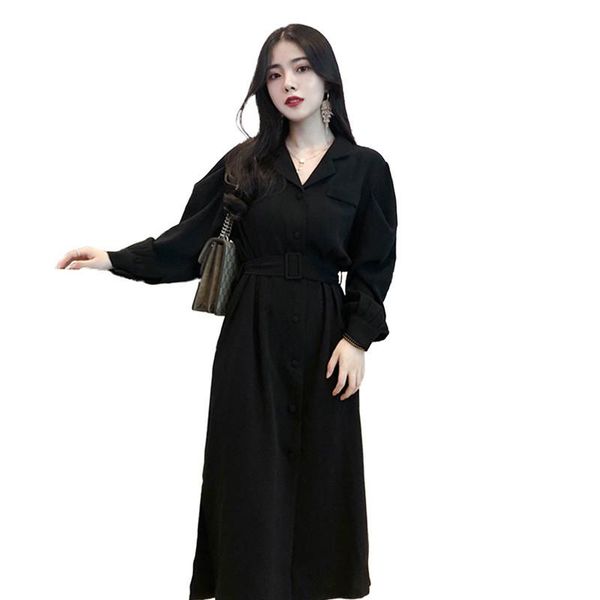 

women new fashion vintage v-neck long dresses female autumn winter high waist solid shirt maxi dresses vestidos with sashes v492, Black;gray