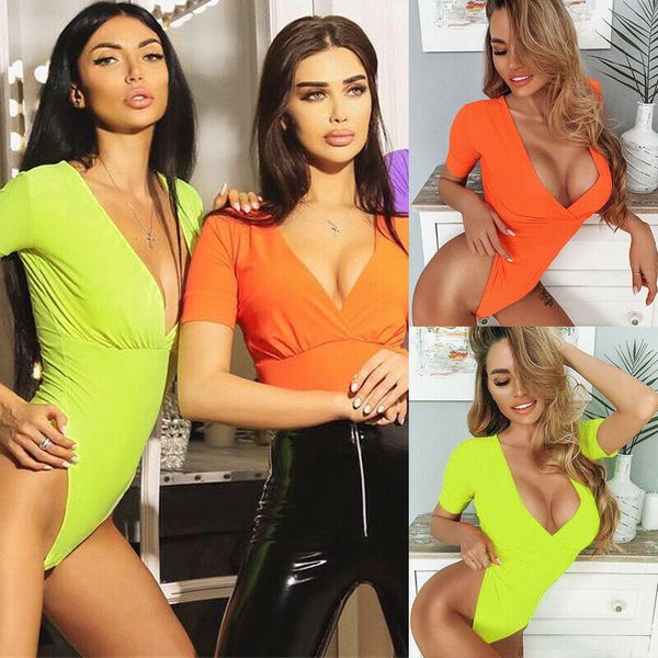 

women summer short sleeve v-neck bodycon bodysuit ladies solid skinny jumpsuit playsuits leotard top, Black;white