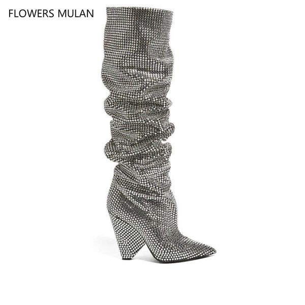 

new bling crystal embellished women knee high boots spike heels pleated glittering stage tall boots pointed toe runway boot, Black