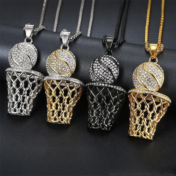 Hip Hop Bling Iced Out Voller Strass Basketball Anhänger Halskette 316L Edelstahl Sport Lange Halskette für Männer Schmuck