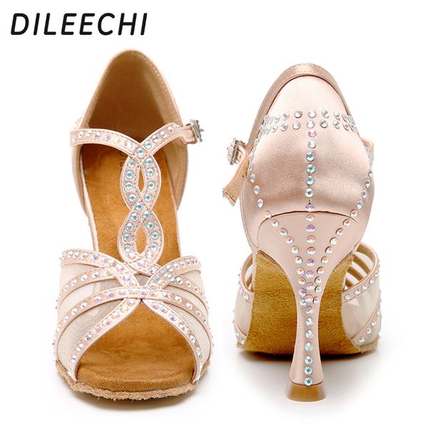 

dileechi latin dance shoes women party dance shoes satin mesh shining rhinestones salsa sandals cuban heel 9cm