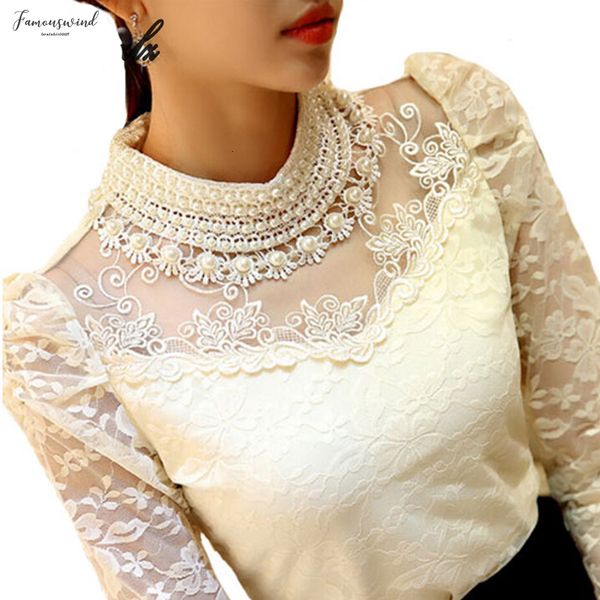 

elegant long sleeve bodysuit lace beaded women lace blouse chiffon crochet blusas mesh shirts blouse female clothing, White