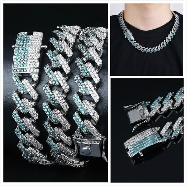 

white gold green & white cz cubic zirconia hiphop cuban curb link chain necklace full diamond bling rapper jewelry gifts for men, Silver