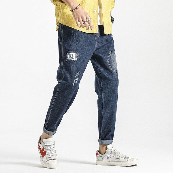 

2020 new summer ankle-length men's ripped denim jeans streetwear jogger pants loose harem jeans plus size 6xl 7xl 8xl, Blue