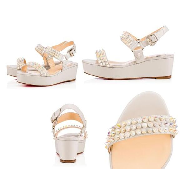 

ladies red bottom spiked shoes for women's calf flatform wedge pearls studs women gladiator sandals party wedding dress slingbacks35-42, Black