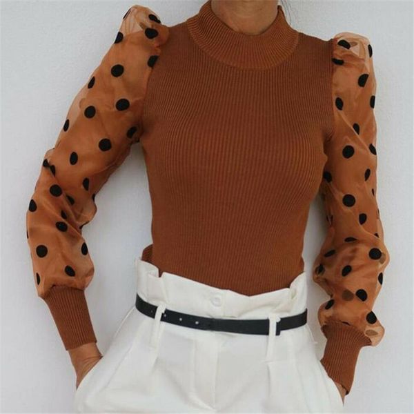 

mesh sheer blouse women polka dot puff long sleeve see-through shirt elegant ladies slim knitted blouses, White