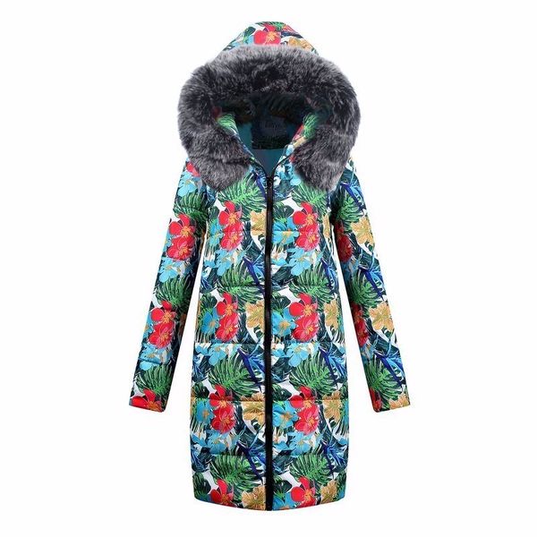 

2018 raccoon fur collar print parka plus size 2xl women winter coat warm hooded outerwear slim long jacket ls061, Black