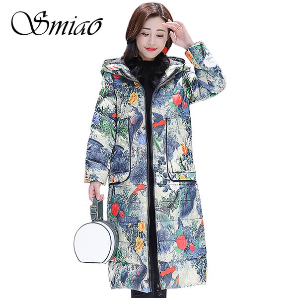 

fashion white duck down jackets autumn winter jacket women long parkas big size casual print floral warm women jacket hooded, Black