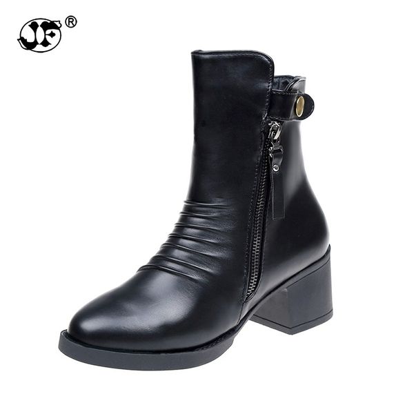 

new black spring boots women shoes woman short plush women boots zipper pleat leather mid calf zapatos botas mujer tgh89
