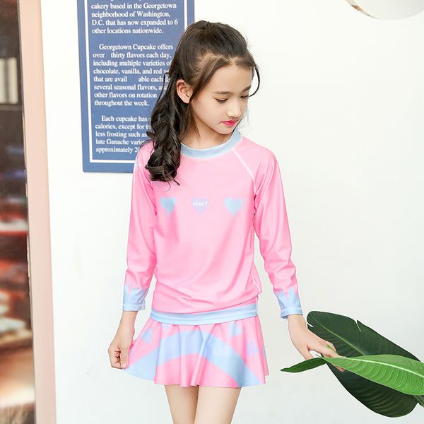

uv sun protective upf 50+ girls long sleeve rash guard & short skirts set pink two-piece swimsuit set swimwear beachwear pink