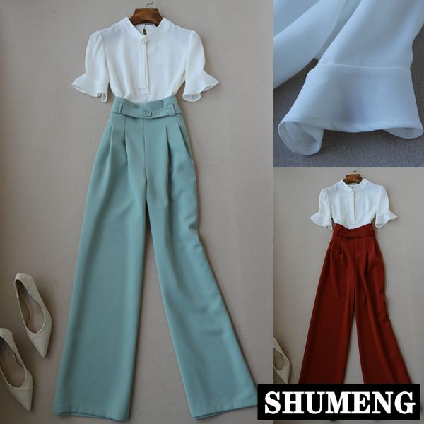 

2019 new summer ladies work wear pants suit flare sleeve chiffon blouse shirt + high waist wide legs trousers women's work suits, White