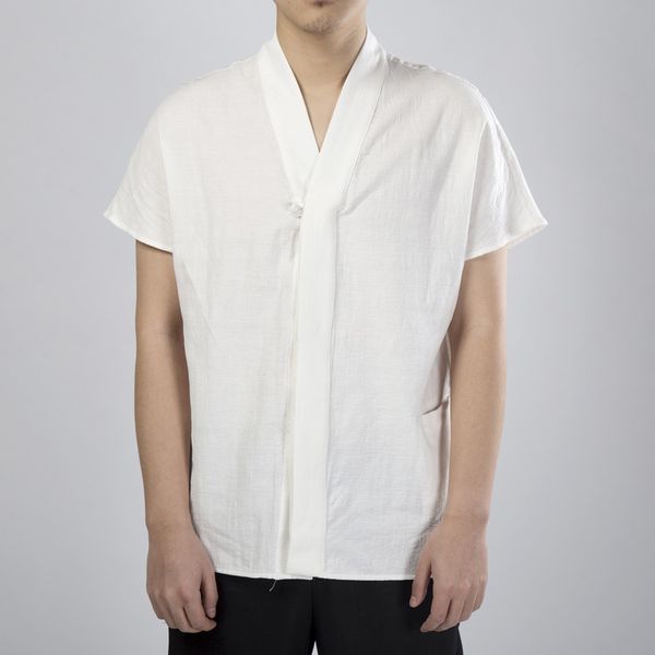 

4 colors men new chinese style cotton linen short sleeve casual shirt men's hanfu v-neck kongfu tai chi shirts plus size -4xl, White;black