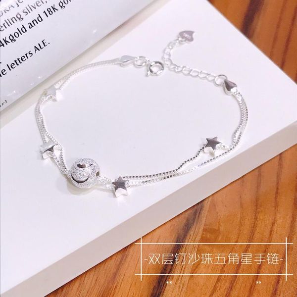 

s925 sterling silver 925 original fine chain link romantic bracelets starry twine jewelry embrace frosted ball pentagram star, Golden;silver