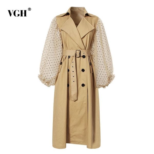 

vgh autumn winter patchwork mesh trench coat for women polka dot lantern sleeve high waist lace up women's windbreaker fashion, Tan;black