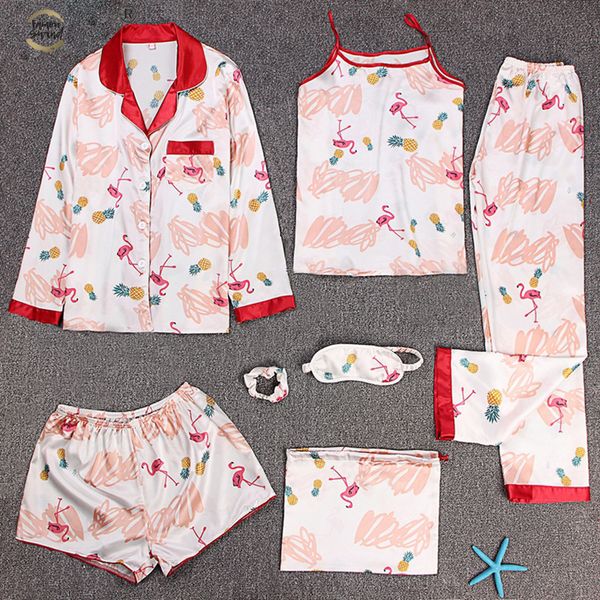 

sleepwear 7 pieces pyjama set 2019 women spring summer silk pajamas sets satin sleep suit sweet cute nightwear home clothes, Black;red