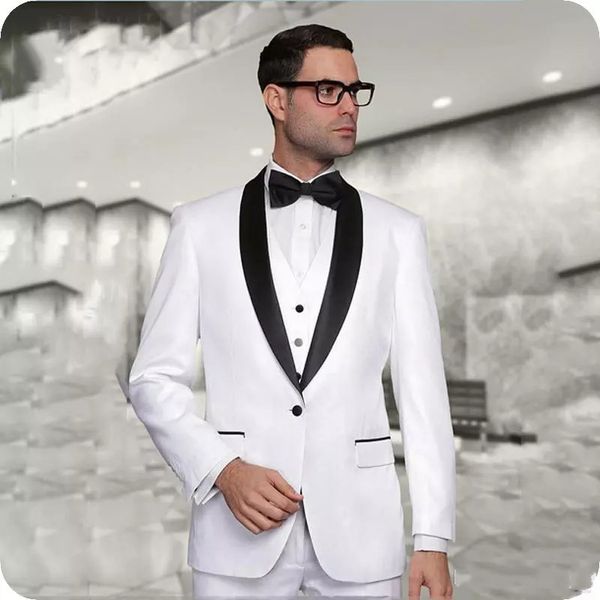 Smoking da sposo bianco nuovo di zecca Scialle nero Risvolto Groomsman Matrimonio Abito da 3 pezzi Moda Uomo Giacca da lavoro Blazer (Giacca + Pantaloni + Cravatta + Gilet) 2661