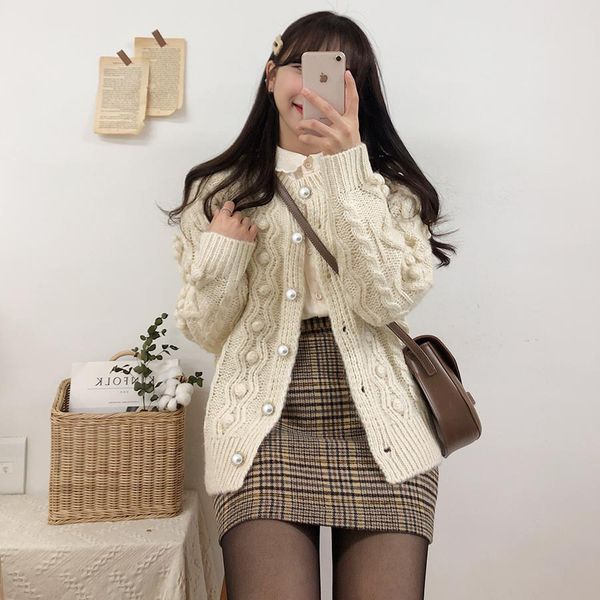 

quality sense of qiu dong the ancient manual ball ball women long sleeve cardigan sweater coat, White